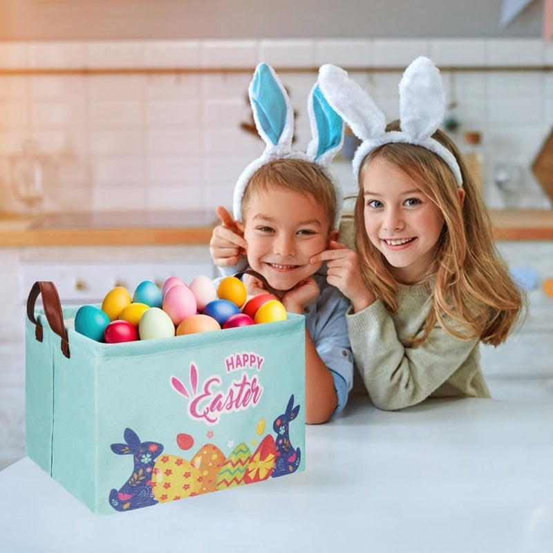 CLOCOR Rectangular Blue Easter Egg Gift Basket Empty,Waterproof Storage Basket with Handles,Room Decor(Blue Easter Bunny) - Image 5